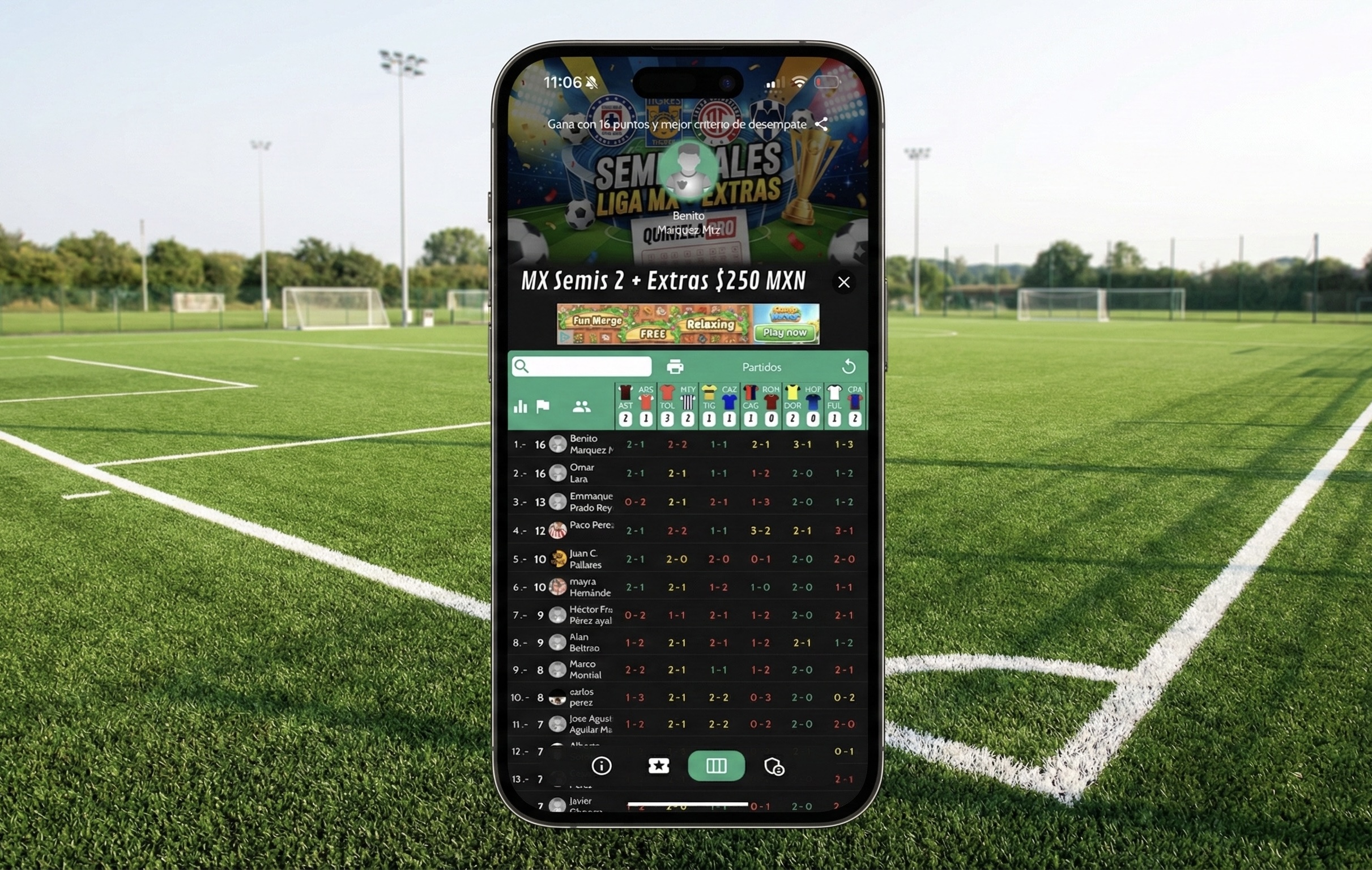 Mobile app screen showing a World Cup 26 pool leaderboard